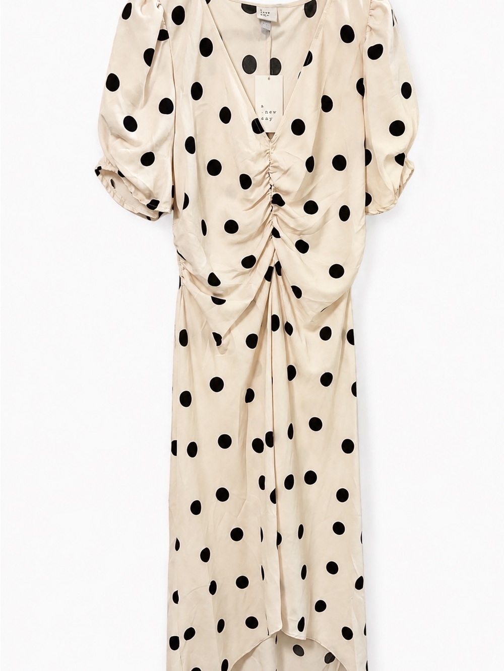 A New Day Womens Size M Crepe Short Sleeve Midi Dress Beige Black Polka Dots NEW